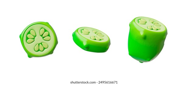 Juego 3d de granos y pepinos. Verdura de invernadero verde fresca y madura. Medio pepino y 2 finas rodajas redondas. Producto ecológico ecológico. Ilustración vectorial aislada sobre fondo blanco.