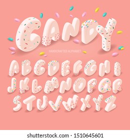 3D set of pink candy alphabet with confetti. Isometric typeface for children's party and baby shower. Marshmallow letters