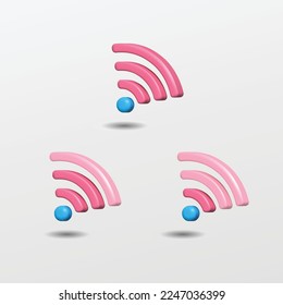 3D-Set von rosafarbenen Farben drahtlos und WiFi-Symbol für Website, Etikett, Banner, Aufkleber, Vorlage und Logo auf weißem Hintergrund. Vektorgrafik-Design im 3D-Stil.