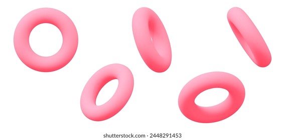 3d set of pink torus symbol or icon with different angles. Geometry figure tor form. Stock vector illustration on isolated background.