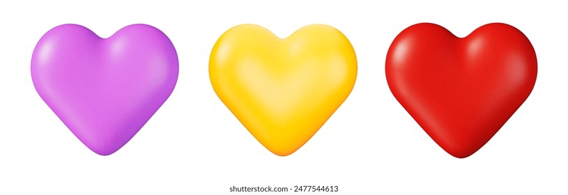 3d conjunto de corazón rosa, amarillo y rojo. Emoji romántico, símbolo de amor o icono, Día de San Valentín, hoja de sprite de animación. Ilustración vectorial de stock sobre fondo aislado.