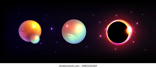 3d set planet. Solar eclipse, moon phase. Bright isolated celestial bodies on a dark background . Starry cosmic sky