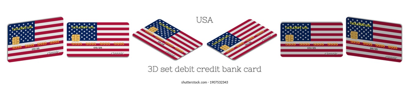 Juego 3D de tarjetas bancarias de plástico con la bandera de los Estados Unidos en seis proyecciones y una sombra sobre el fondo blanco. EPS10