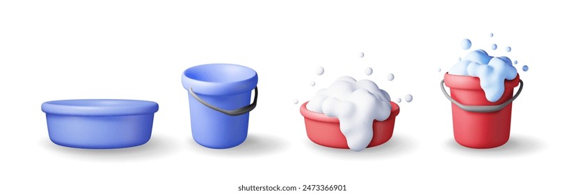 3d set of plastic bucket with soapy foam and empty isolated. Render bucket basin collection icon for cleaning and washing. House cleaning equipment household accessories. Realistic vector illustration