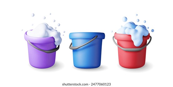 3d set of plastic bucket with soapy foam and empty isolated. Render bucket basin collection icon for cleaning and washing. House cleaning equipment household accessories. Realistic vector illustration