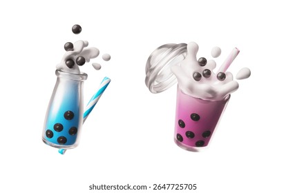 3d conjunto de copo de plástico e garrafa de vidro com chá de bolha em azul e rosa com bolas de tapioca, respingos e palha. Bebida asiática preguiçosa. Aperto de leite. Estilo de desenho animado. Ilustração vetorial. Plano de fundo isolado.