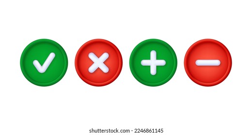 3D Set of plus, minus and cross, check marks isolated on white background. Can be used for many purposes. Trendy and modern vector in 3d style.