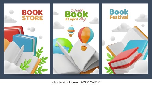 3D set of posters, with books in the clouds, for World Book Day, bookstore, book festival. The theme of education, reading, literacy. Cartoon style. Rendering. Vector illustration.