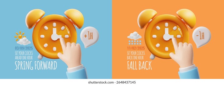 3D set of posters for changing clocks to summer and winter time. Human hands move the hands back and forth by an hour. Advertising flyers with space for text. Cartoon style. Rendering.