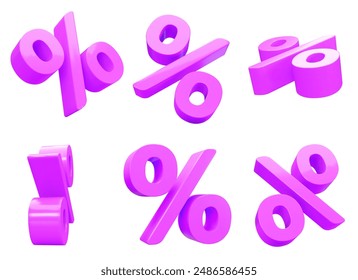 3d set of purple percent signs discount with different angles. Voucher gift. Stock vector illustration on isolated background.	
