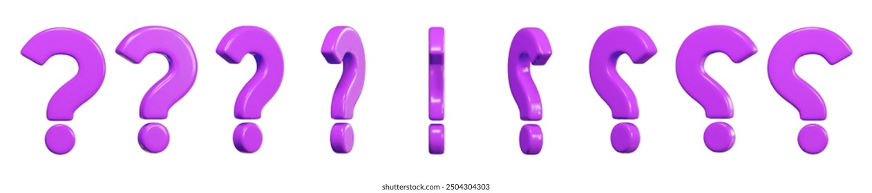 3d set of purple question mark with different angles for animation. Faq problem solution symbol. Vector illustration on isolated background.	