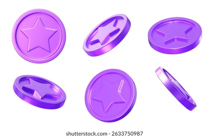 3D set purple star coins with different angles. Stock vector illustration on isolated background.