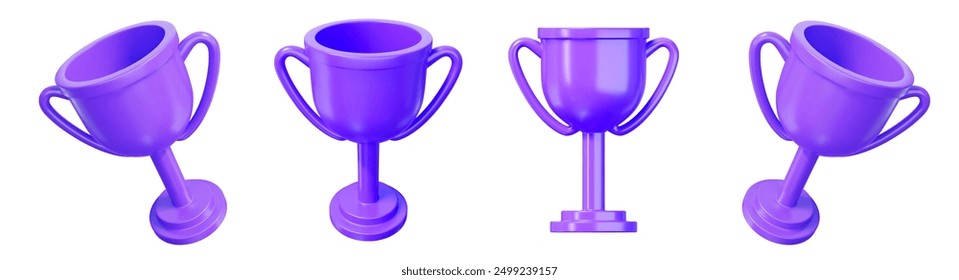 3d set of purple trophy cup with different angles. Stock vector illustration on isolated background.	
