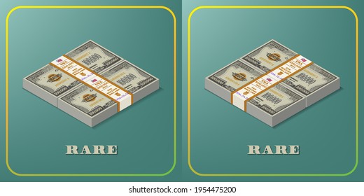 3D Set Of Rare US Paper Money In Different Projections. Bundles Of Banknotes In Denominations Of 100000 Dollars. Shadows And Frame On Green Background