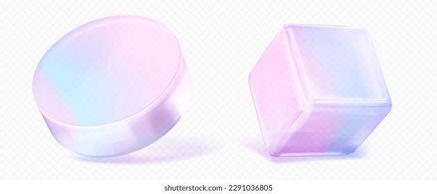 3D set of realistic cube and cylinder figures isolated on transparent background. Vector illustration of abstract glossy geometric objects in pink and blue gradient color. Futuristic design elements