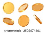 3D set realistic golden coins with different angles.  Symbol of gold and wealth. Stock vector illustration on isolated background.