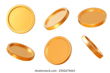 Conjunto 3D de monedas de oro realistas con diferentes ángulos.  Símbolo de oro y riqueza. Ilustración vectorial de stock sobre fondo aislado.