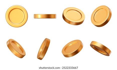 Conjunto 3D de monedas de oro realistas con diferentes ángulos. Símbolo de oro y riqueza. Ilustración vectorial de stock sobre fondo aislado.	
