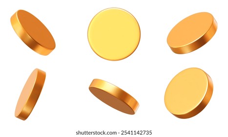 3D set realistic golden coins with different angles. Symbol of gold and wealth. Stock vector illustration on isolated background.	
