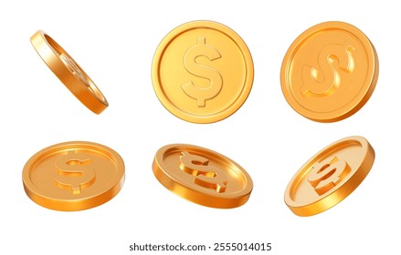 3D set realistic golden coins with dollar currency sign. Symbol of gold and wealth. Stock vector illustration on isolated background.	