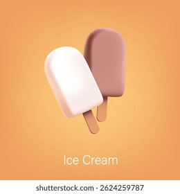 Conjunto 3D de sorvete realista em branco e esmalte de chocolate em uma vara. Para o verão doces, conceitos de sobremesa legal. Publicidade e descontos. Ilustração vetorial.