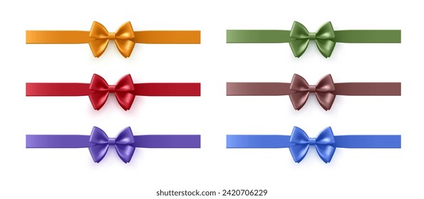 3D set of realistic multicolored ribbons with bows. Top view. Template for the design of festive events, happy moments, and gifts. Vector