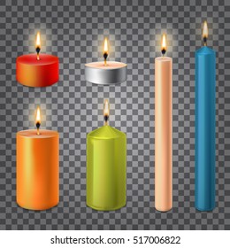 3d set realistic paraffin candles isolated on transparent background. Vector illustration
