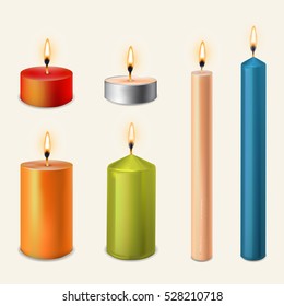 3d set realistic paraffin candles isolated on transparent background. Vector illustration
