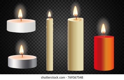 3d set realistic paraffin candles isolated on transparent background. Vector illustration