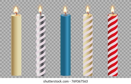 3d set realistic paraffin candles isolated on transparent background. Vector illustration