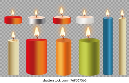 3d set realistic paraffin candles isolated on transparent background. Vector illustration