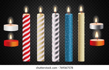 3d set realistic paraffin candles isolated on transparent background. Vector illustration