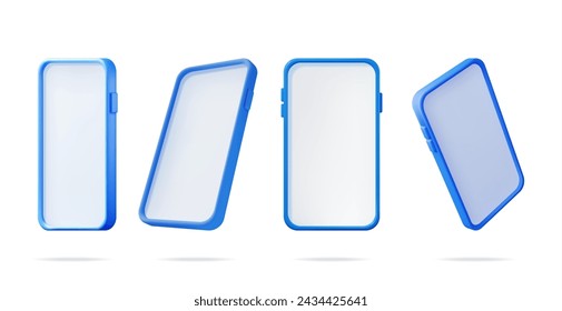 3d Set Realistic Smartphone with Empty Screen in Different Sides. Front and Perspective View Smart Phone Mockup Render. 3D Telephone Blue Color. Modern Mobile Gadget Device Icon. Vector Illustration