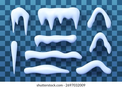 3D Conjunto de gorras de nieve realistas, drifts y bolas de nieve. Ilustración fría de invierno para Navidades y fondo de vacaciones de año nuevo. Ilustración vectorial