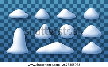 3D Set of realistic snow piles. White snowdrift effect and winter element. Christmas decoration for festive holiday design concept. Vector illustration