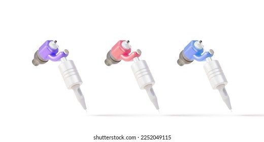 3d set Máquina de tatuaje realista con elementos metálicos. Ilustración vectorial.