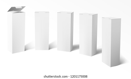 3D Set Of Realistic Vertical Tall White Cardboard Boxes. EPS10 Vector