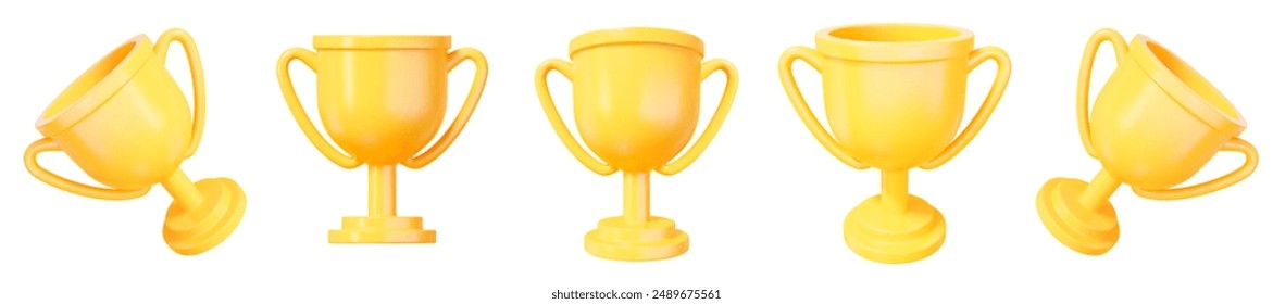 3d set of realistic yellow trophy cup with different angles. Stock vector illustration on isolated background.	
