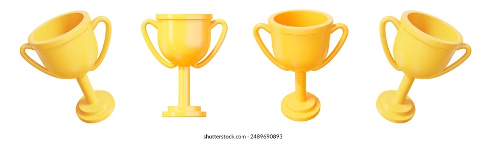 3d set of realistic yellow trophy cup with different angles. Stock vector illustration on isolated background.	
