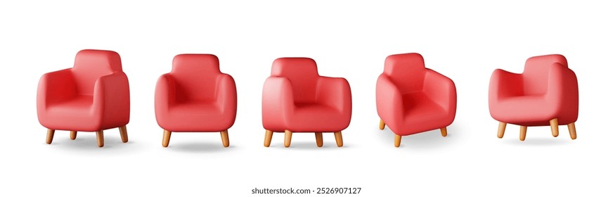 Conjunto 3d de sillón rojo con patas de madera aisladas en blanco. Render colección de muebles de salón. Elemento interior moderno decorado. Artículo interior para relajarse y trabajar. Ilustración vectorial