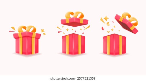 3d set red gift boxes with yellow ribbons opening to reveal surprises, sparkles, and confetti. celebrations, promotions, giveaways, or festive designs. illustration vector