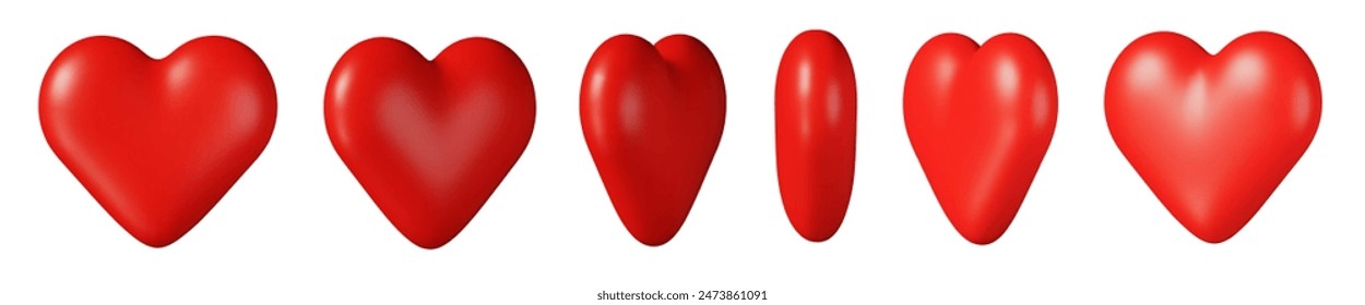 3d set of red heart with different angles. Romantic emoji, love symbol or icon, Valentines day, animation sprite sheet. Stock vector illustration on isolated background.