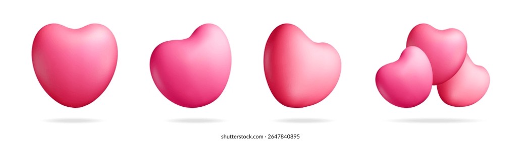 3D set of red heart isolated on white. Render collection of heart shape icon love symbol. Romance, passion, wedding, valentine day Celebration decoration