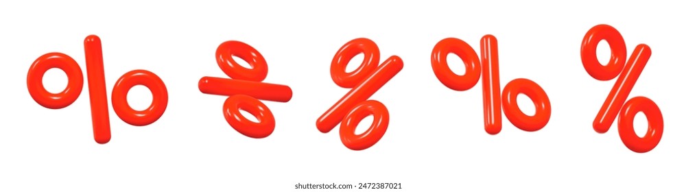 3d set of red percent signs discount with different angles. Voucher gift. Stock vector illustration on isolated background.