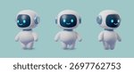 3D set robot, AI icon featuring cute chatbot character in futuristic digital style. Smart tech mascot for virtual assistant, innovation, and artificial intelligence design friendly and modern vector