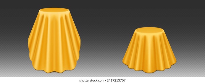 3D set of round podiums covered with yellow silk cloth. Vector realistic illustration of tall and low stage mockups under golden satin fabric drapery isolated on transparent background, presentation