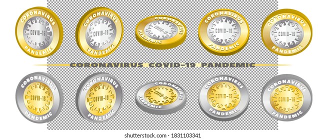 3d set of samples of bimetallic coins with a stylistic virus. Lettering coronavirus covid-19 pandemic