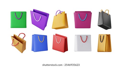 3D set of shopping bag isolated on white background. Render collection of realistic gift bag. Sale discount or clearance concept. Online or retail shopping symbol. Fashion handbag. Vector illustration