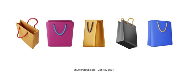 3D set of shopping bag isolated on white background. Render collection of realistic gift bag. Sale discount or clearance concept. Online or retail shopping symbol. Fashion handbag. Vector illustration