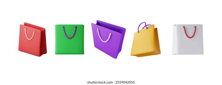 3D set of shopping bag isolated on white background. Render collection of realistic gift bag. Sale discount or clearance concept. Online or retail shopping symbol. Fashion handbag. Vector illustration